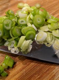 High angle view of chopped vegetables on table