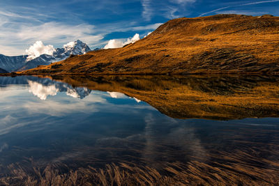 Scenic view of lake and mountains against sky