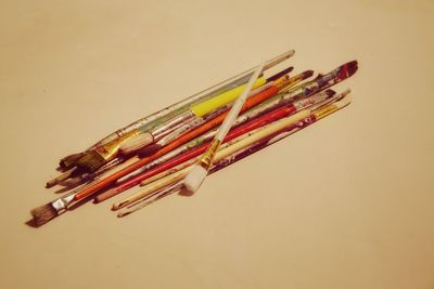 High angle view of multi colored pencils on table