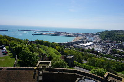 High angle view of plants by sea against sky