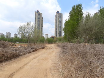 Buildings on field against sky