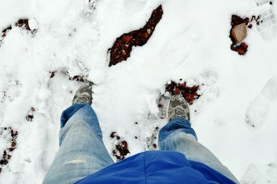 Low section of man standing on snow