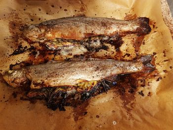 High angle view of fish on barbecue grill