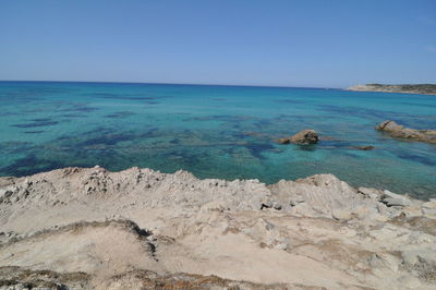 Scenic view of sea against clear blue sky