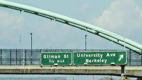 Low angle view of road sign against sky