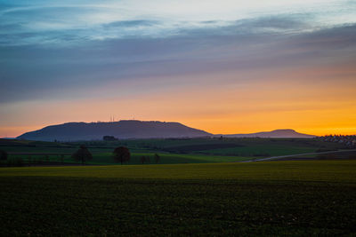 Scenic view of agricultural field against sky during sunset