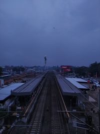 High angle view of railroad station against sky