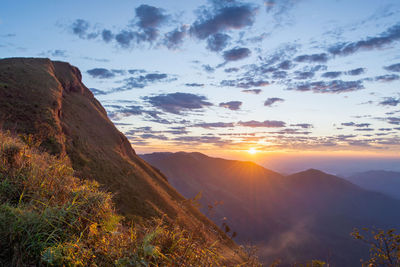 Scenic view of mountains against sky during sunset