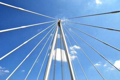 Low angle view of electricity pylon against blue sky