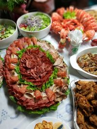 High angle view of food in plate on table