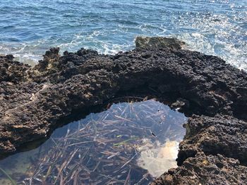 High angle view of rocks on beach