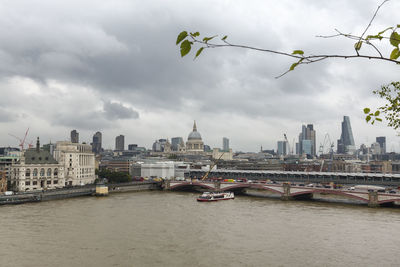 Bridge over river with buildings in background