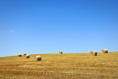 Hay bales on landscape against clear blue sky