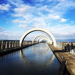 Falkirk wheel against cloudy sky