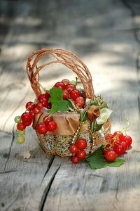 Close-up of red currant in basket on table