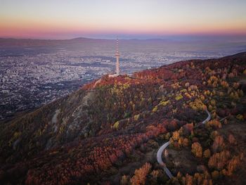 High angle view of cityscape against sky during sunset