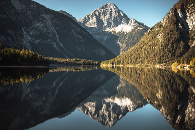 Reflection of mountain and lake against sky