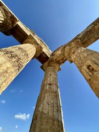 Low angle view of old ruin against clear blue sky