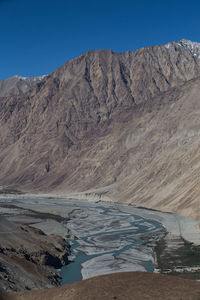 Scenic view of mountains against clear blue sky