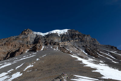 Scenic view of snowcapped mountains against clear blue sky