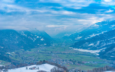 Aerial view of snowcapped mountains against sky