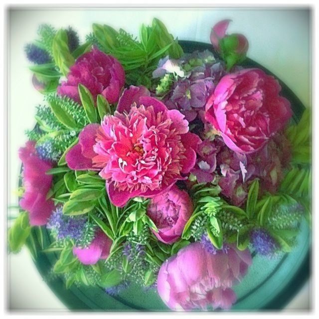 flower, transfer print, freshness, indoors, fragility, petal, auto post production filter, close-up, flower head, bouquet, beauty in nature, pink color, bunch of flowers, plant, growth, leaf, nature, rose - flower, vase, high angle view
