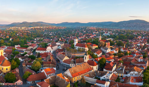 Szentendre, hungary the city of arts from birds eye view. aerial cityscape