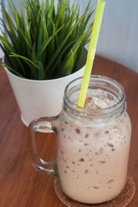 Close-up of drink in jar on table