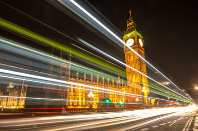 Light trails on road against buildings at night