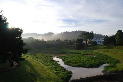 Scenic view of landscape with stream in background