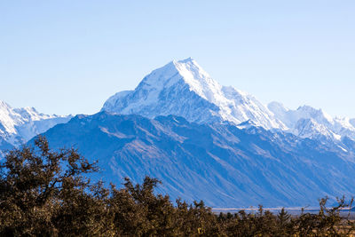 Scenic view of snowcapped mountains against clear sky