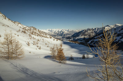Scenic view of snow covered mountains against sky