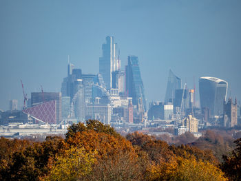 Panoramic view of city buildings against clear sky