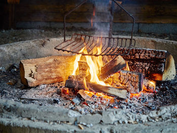 Close-up of metal grate in fire pit