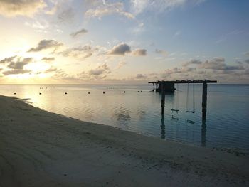 Scenic view of beach against sky during sunset