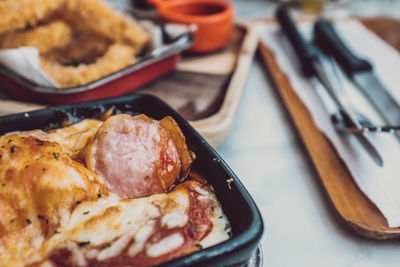 High angle view of food in plate on table