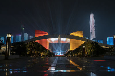 Illuminated city buildings at night