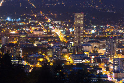 Buildings in downtown portland, oregon, usa on a clear night.