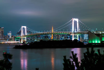 Illuminated bridge over river with city in background