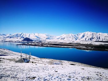 Scenic view of snow covered mountain against clear sky