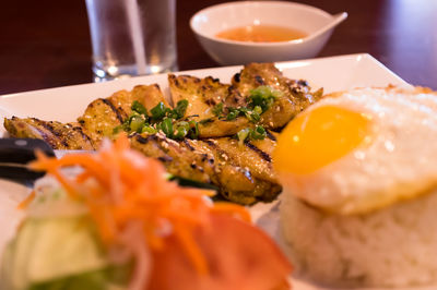 Close-up of meal served on table