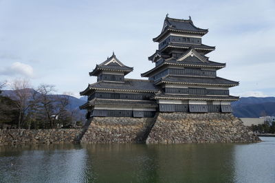 Temple by lake against sky