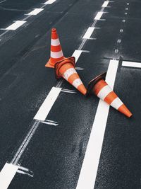 High angle view of traffic cones on street