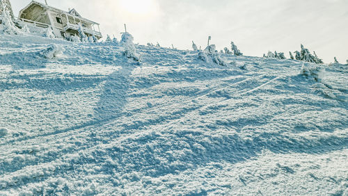 Snow covered land against sky