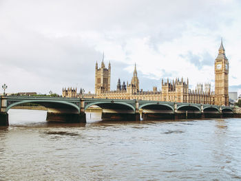 Bridge over river with buildings in background