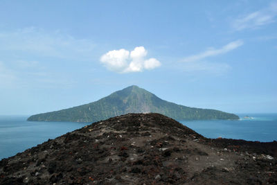 Scenic view of sea and mountains against sky