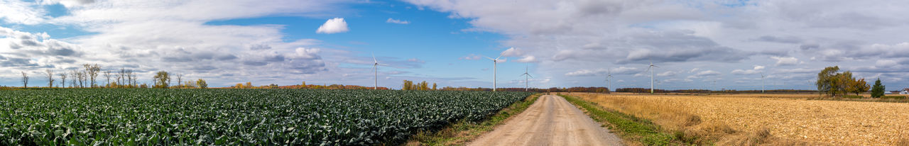 Panoramic view of agricultural field against sky