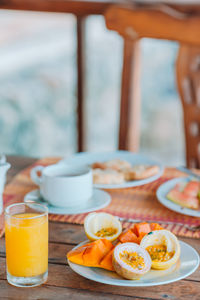 Close-up of breakfast served on table