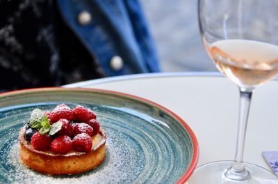 Close-up of cake served on table
