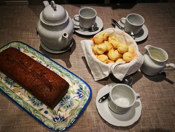 High angle view of breakfast on table